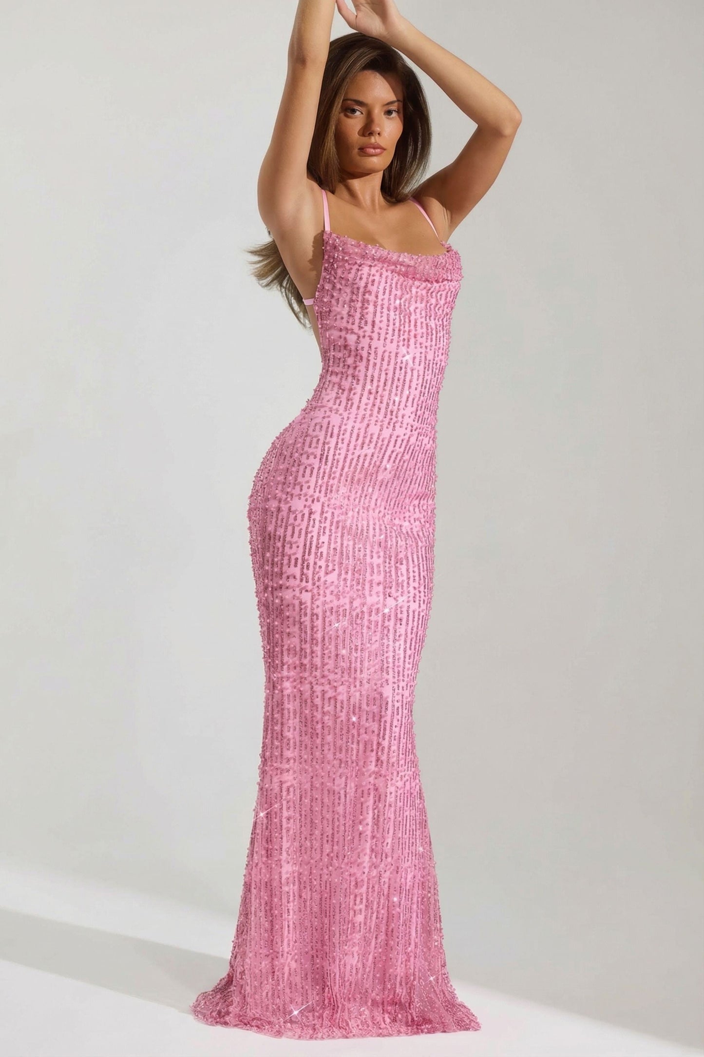 Embellished Cowl-Neck Backless Maxi Dress in Pink