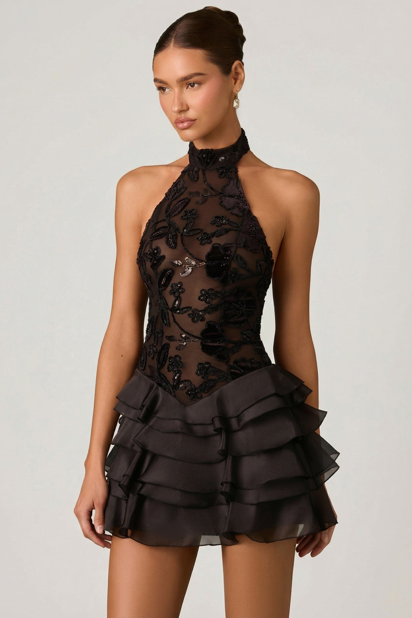 Embellished Ruffled Halterneck Mini Dress in Black