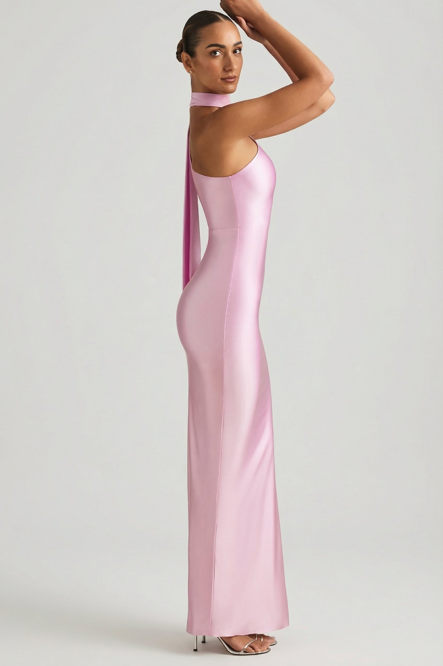 Asymmetric Scarf-Detail Maxi Dress in Soft Pink