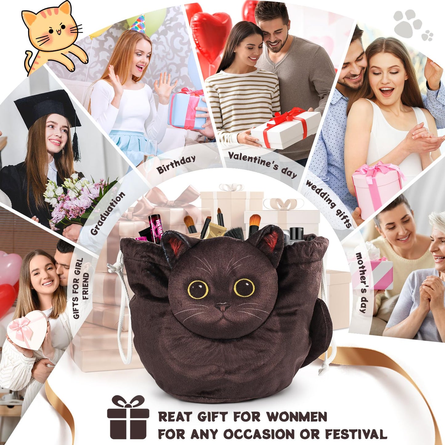 Openhahaha Drawstring Makeup Bag, Cat Makeup Bag, Travel Makeup Organizer, Cosmetic Pouch Bag, Cat Gift for Women, Lay Flat Makeup Bag Gifts for Cat Lovers