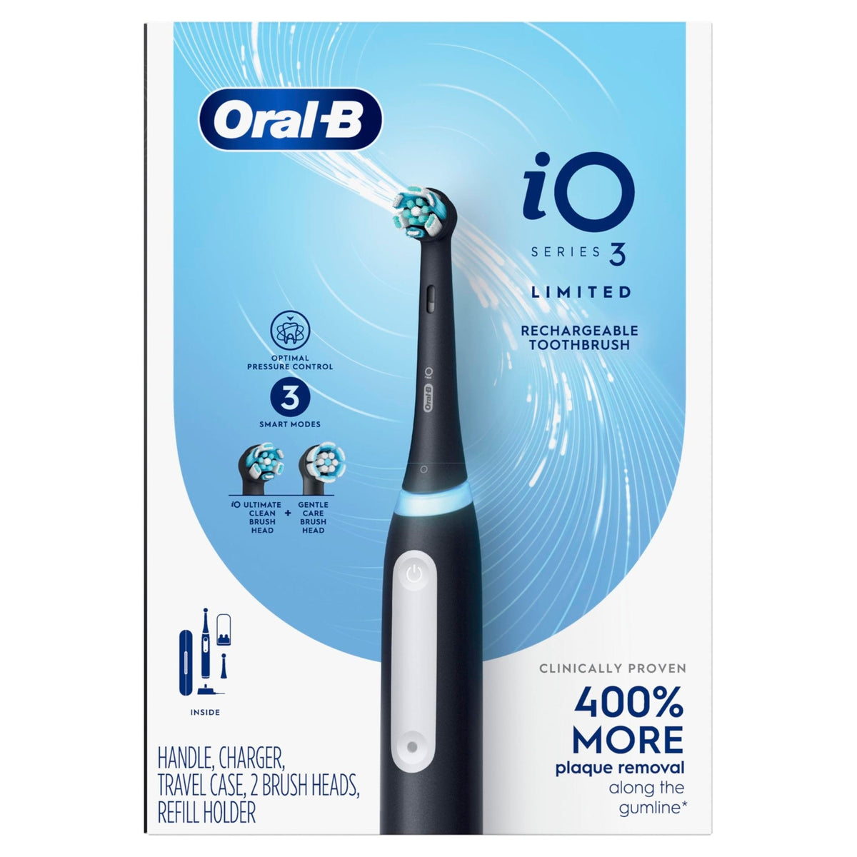 Oral-B iO Series 3 Limited Deep Clean Rechargeable Electric Toothbrush for Adults, Black, 3 Modes, Smart Pressure Sensor, Plaque Removal and Gum Care, 2 Replacement Brush Heads, Travel Case