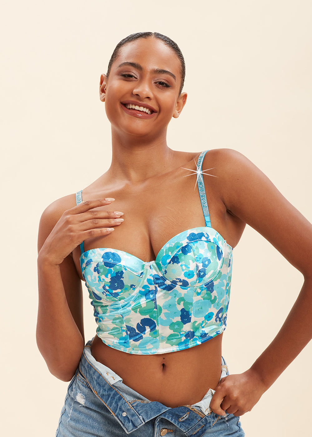 PANDORA Plus Sexy Printed Blue Balconette Corset Long Demi Bra