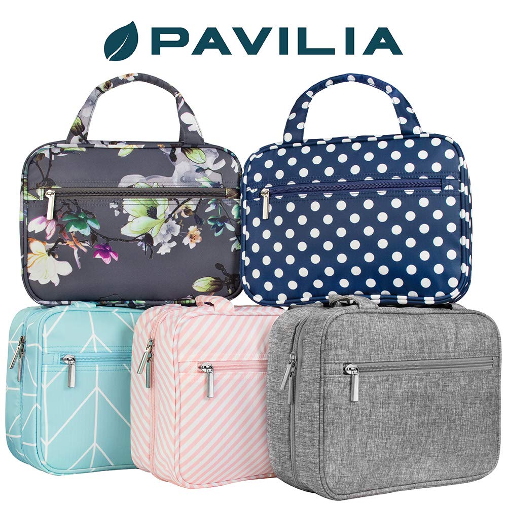 PAVILIA Hanging Toiletry Bag for Women, Portable Makeup Organizer, Navy Dot