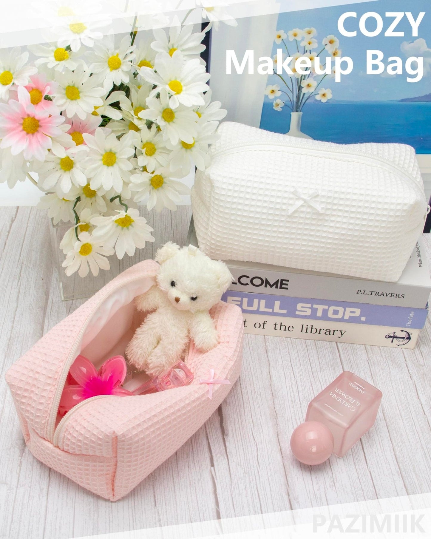 PAZIMIIK Cozy Makeup Bag for Women,Zipper Cosmetic Pouch,Waffle Pink,2 Pack
