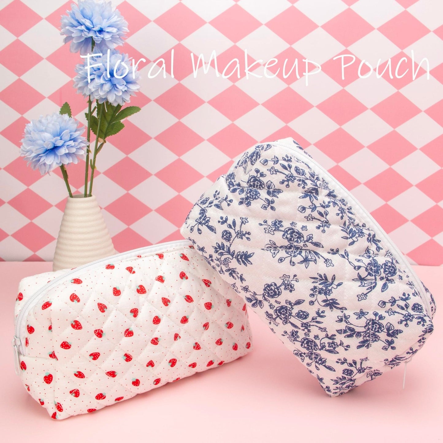 PAZIMIIK Small Quilted Makeup Bag,Zipper Cosmetic Pouch,Jouy Blue