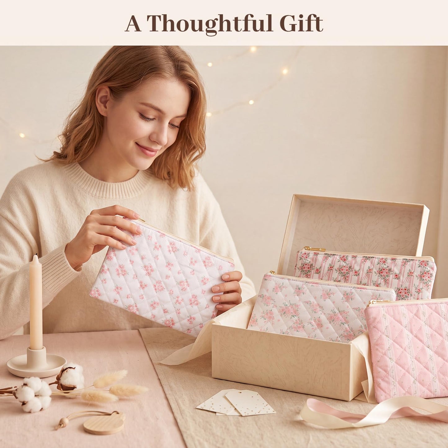 Pimoys Cotton Makeup Bag, Pink Floral Cosmetic Pouch, Zipper Travel Case