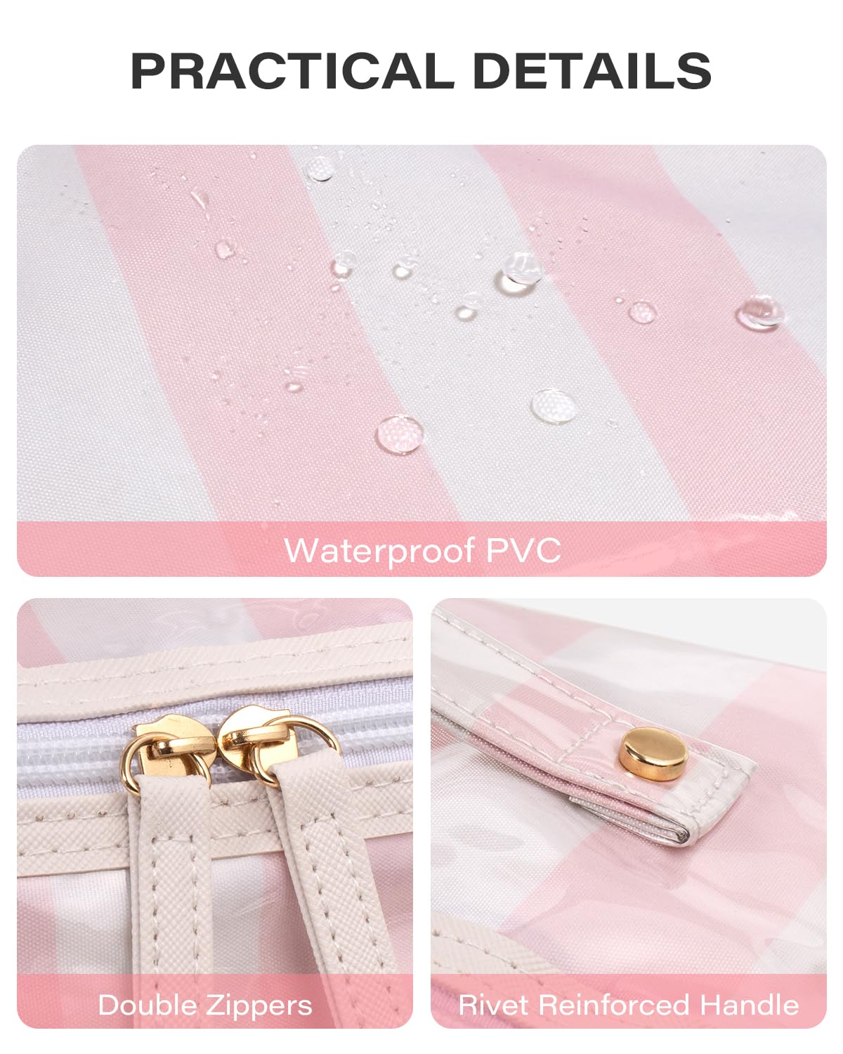 Preppy Stripe Clear Travel Makeup Bag, Waterproof Glossy PVC Cosmetic Organizer with Handle, Large Capacity Toiletry Bag for Women,Travel Organizer Zipper Pouch Beach Vacation Essentials (Pink White)