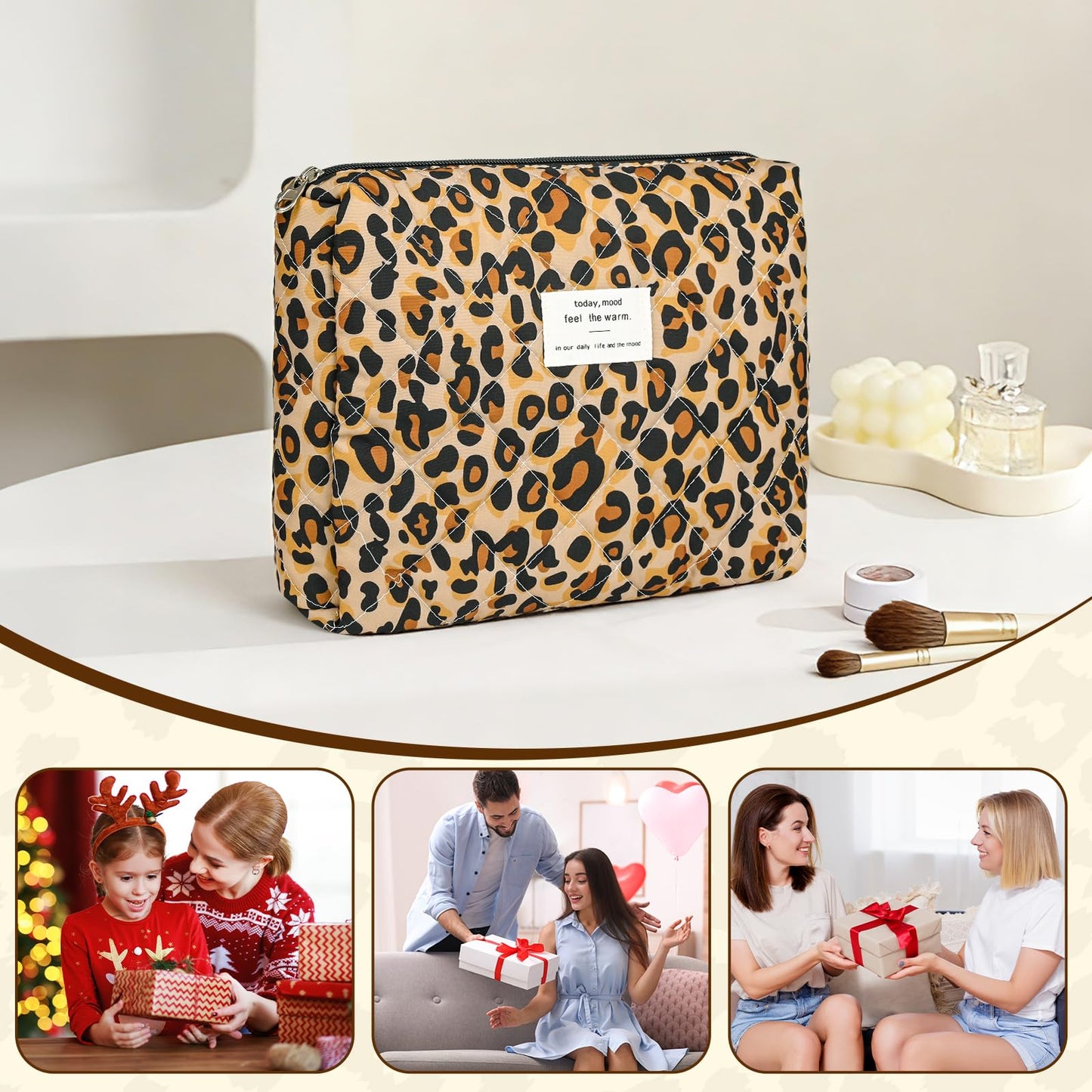 Puchifoda Quilted Makeup Bag Set,3 Pcs Puffy Cosmetic Bags Aesthetic Make Up Bags,Small Zipper Pouch,Travel Toiletry Bag Purse Organizer Pouches for Women (Leopard-Print)