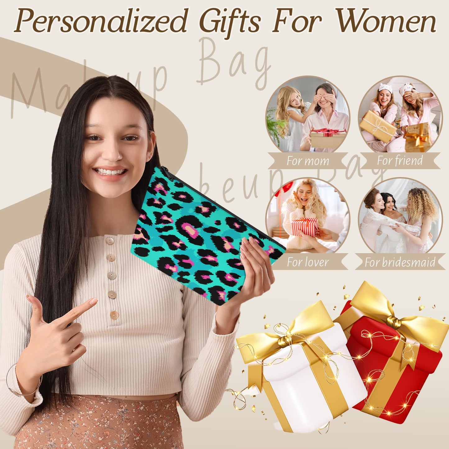QsirBC Waterproof Makeup Bag Travel Cosmetic Pouch Multi Functional Organizer for Women Travel Gym Camping Gifts Leopard Jade Green
