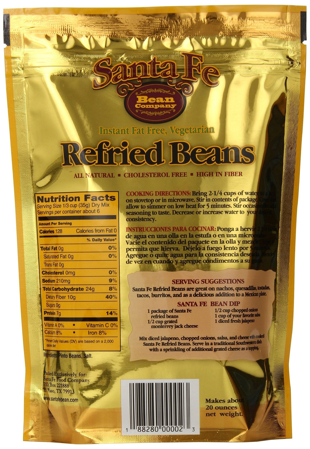 Santa Fe Bean Company Instant Fat Free Vegetarian Refried Beans – 7.25 oz (Pack of 8) All Natural, High Fiber, Gluten-Free