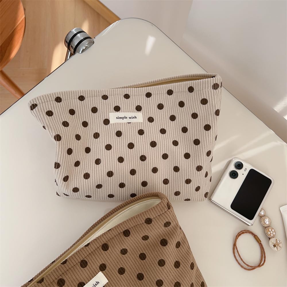 Sminra Polka Dot Corduroy Makeup Bag for Purse, Cosmetic Zipper Pouch Begie