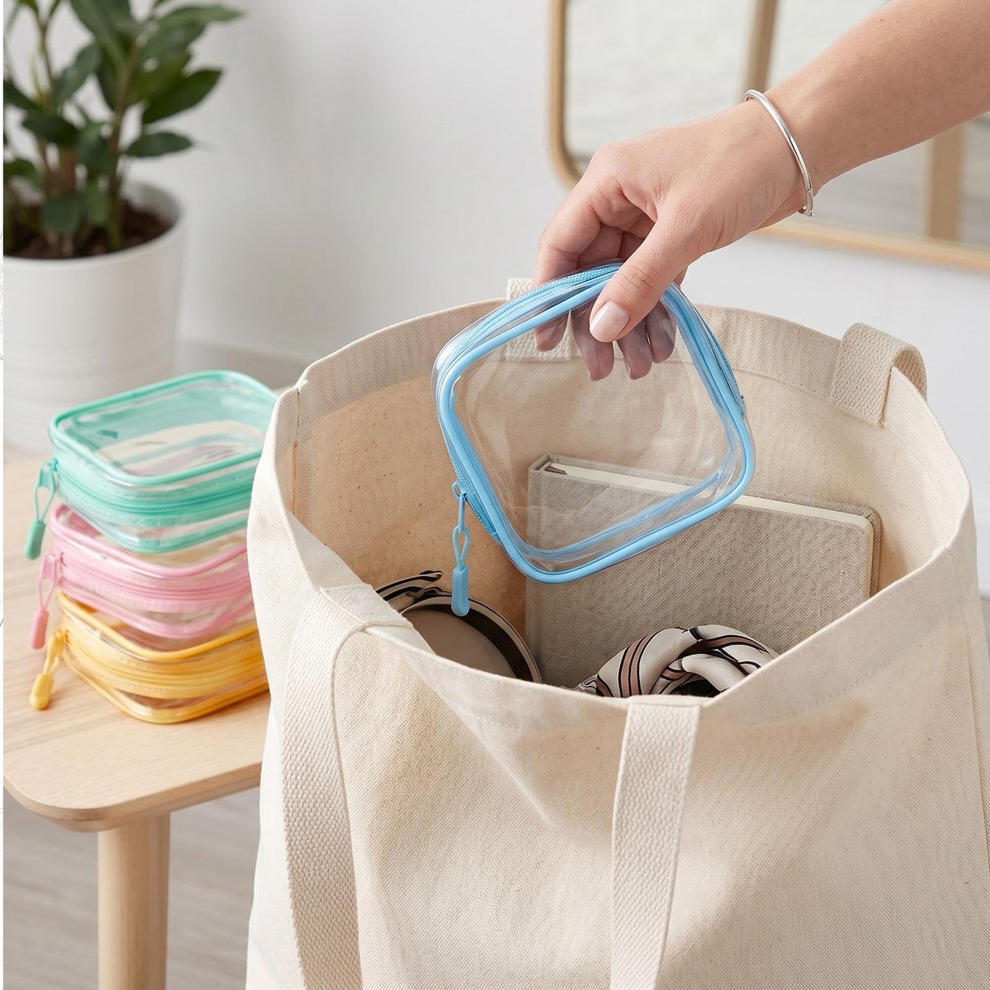 Sunnymove 12 Pcs Pastel Clear Cosmetic Makeup Bags with Zipper Tsa Approved Pouches Bulk for Travel Transparent PVC Waterproof Carry Pouches Organizer Case for Men Women