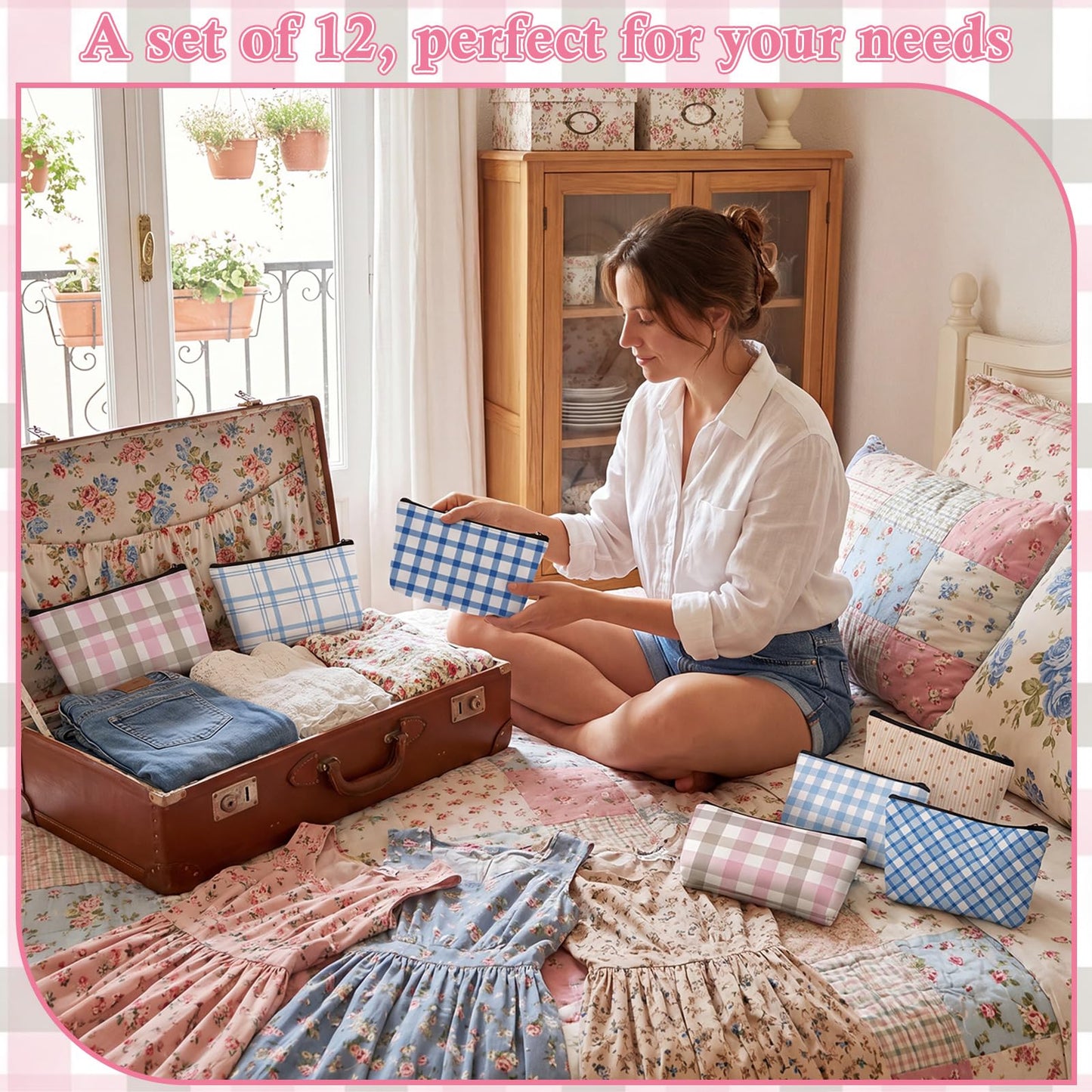 Sweetude 12 Pcs Pastel Plaid Makeup Bag Bulk Buffalo Plaid Portable Travel Cosmetic Bag with Zipper Preppy Checkered Waterproof Roomy Travel Toiletry Organizer Storage Beauty Pouch for Women Gifts