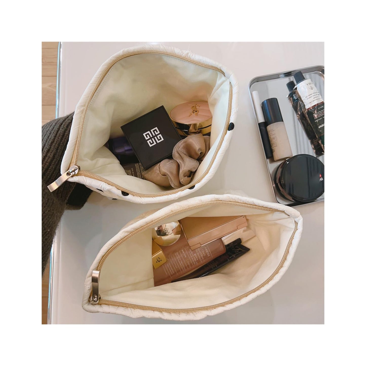uekeboag White Shells Quilted Cotton Makeup Bag,Coquette Travel Pouch