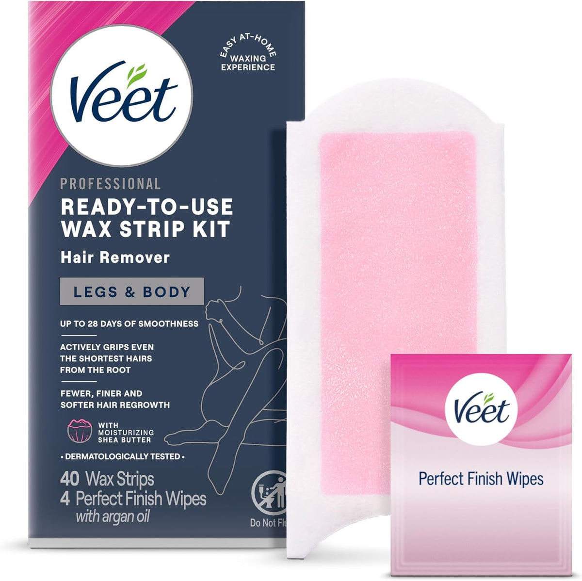 VEET Ready-To-Use Waxing Kit For Women, Wax Strips For Body Hair Removal, Wax Kit For Legs and Body, Personal Care Product, Hair Remover, 40ct Waxing Strips, 4ct Body Wipes (Pack of 3)