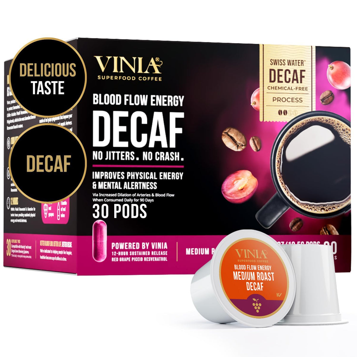 VINIA Decaf Medium-Dark Roast Coffee with Red Grape Piceid Resveratrol | 30-Count K-Cup Pods