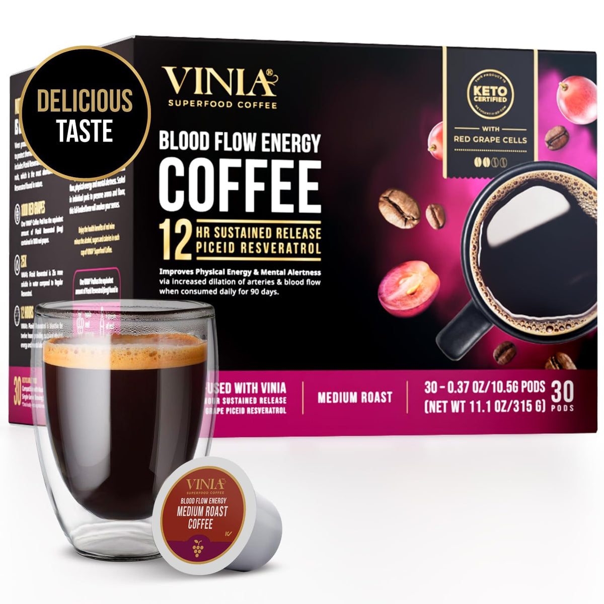 VINIA Medium Dark Roast Coffee Pods with Red Grape Polyphenols & Piceid Resveratrol – 30 K-Cups