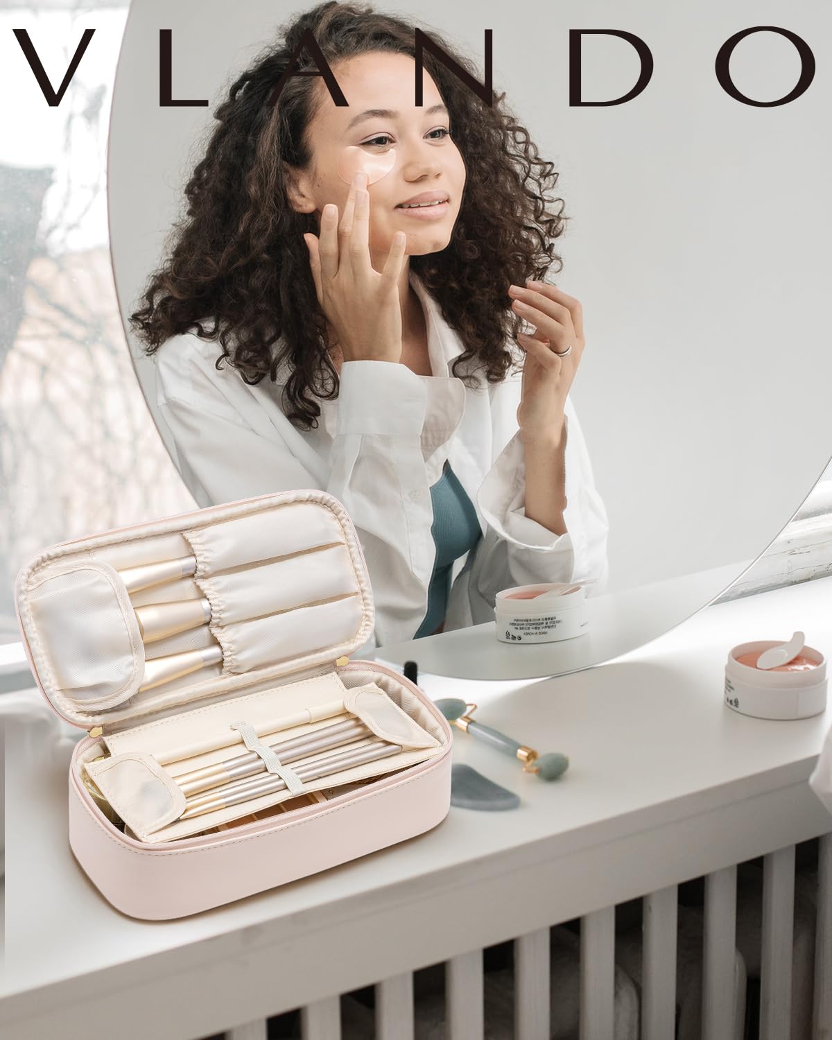 VLANDO Makeup Bag for Toiletries with Separate Brush Storage,Apricot Pink