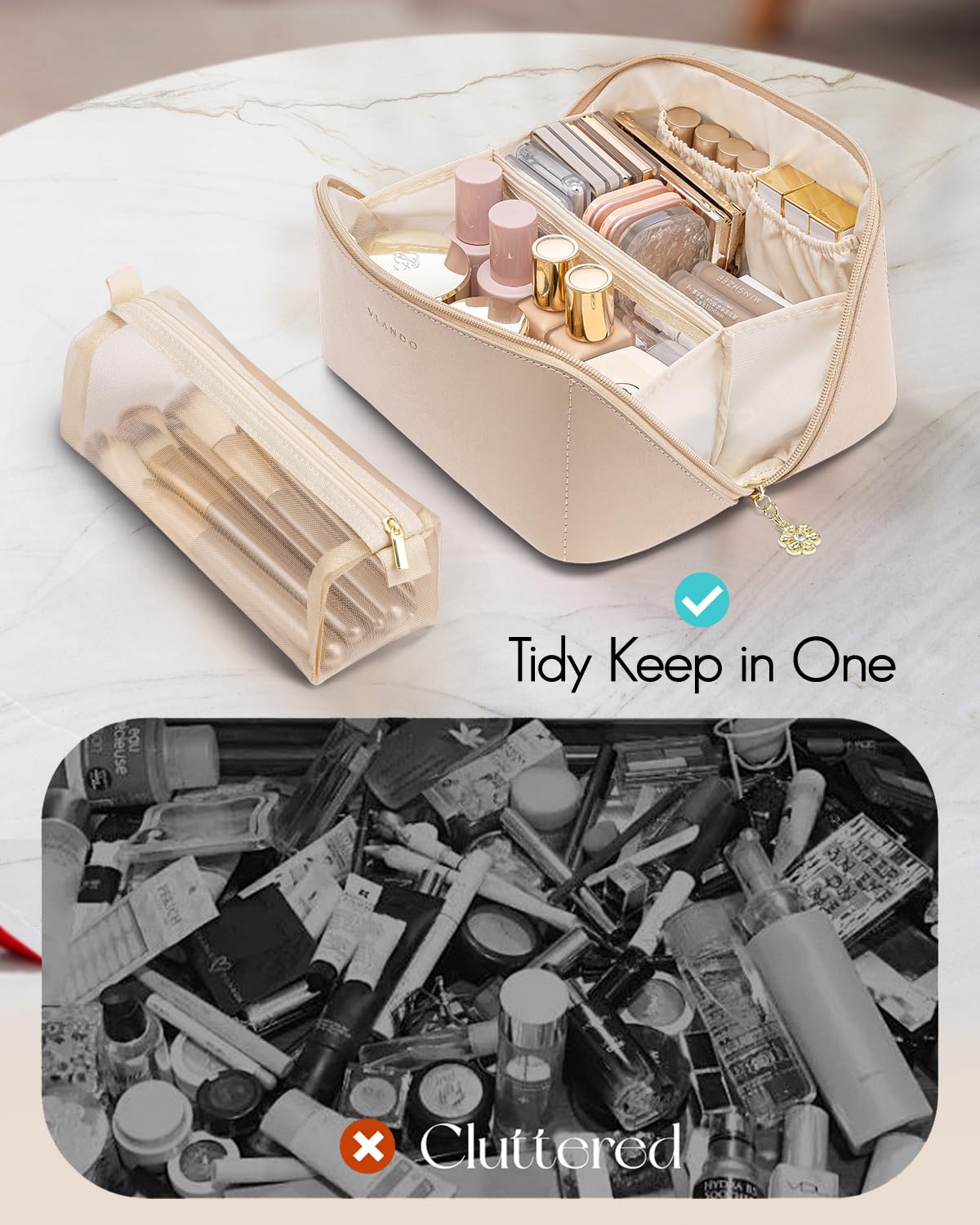 VLANDO Travel Makeup Bag with 180°Opening, Women Toiletry Case,Toffee