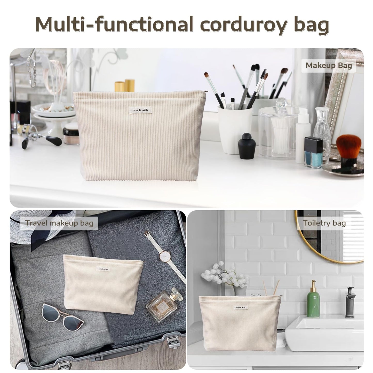 Wudygirl Makeup Bag for Women Travel Cosmetic Bag 10.5"x7.5" Beige
