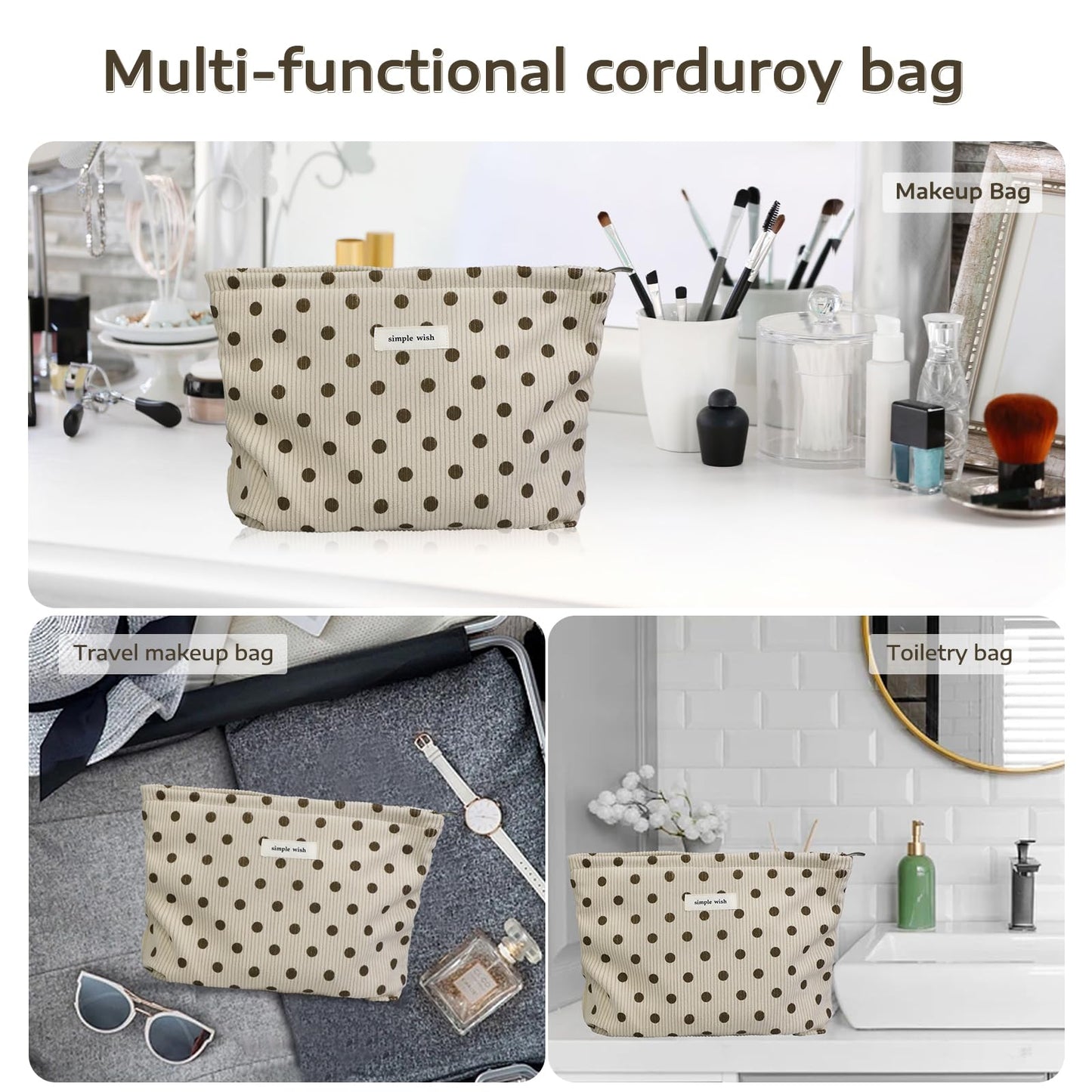 Wudygirl Makeup Bag for Women Travel Cosmetic Bag 10.5"x7.5" Beige Dot