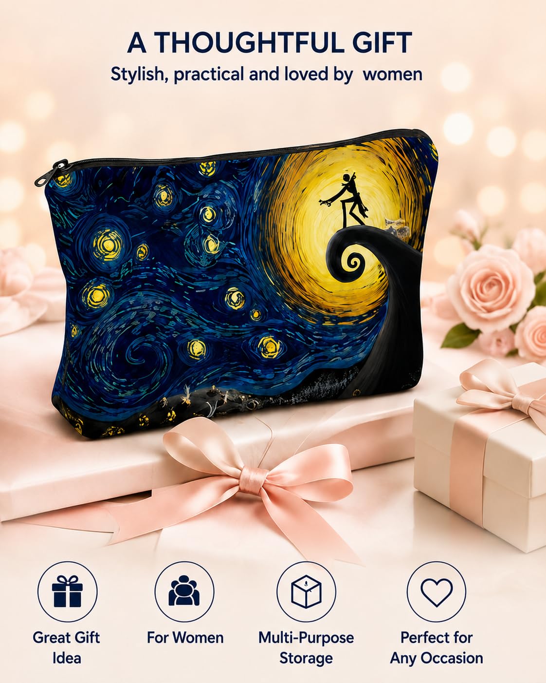 Yindess Night Before Christmas Gift Small Makeup Bag, Waterproof Polyester Cosmetic Pouch for Women, Lightweight Zipper Organizer for Purse and Travel,Nightmare Gift