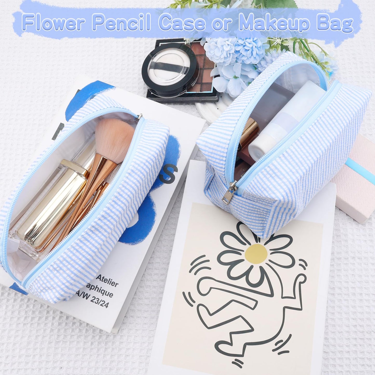 ZLFSRQ 2Pcs Striped Makeup Bag for Women Cozy Travel Cosmetic Bag Cute Aesthetic Blue Stripe Makeup Pouch for Purse Small Portable Pencil Pouch Preppy Pencil Case Zipper Skincare Storage Organizer