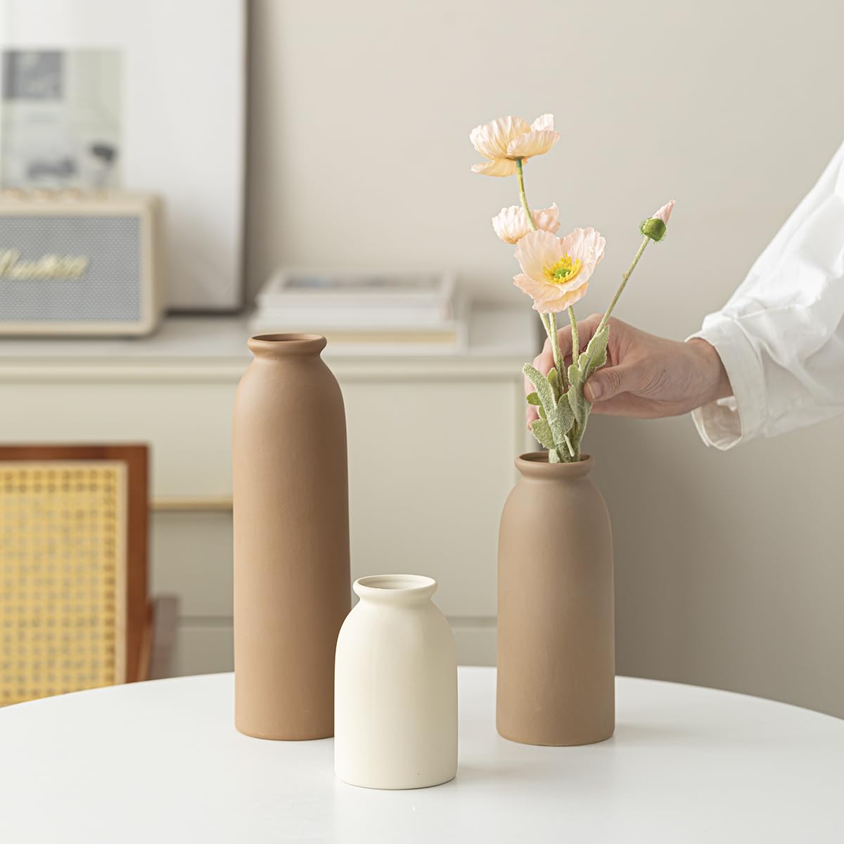 10.4 inches Tall Decorative Ceramic Vase Set, 3 Pieces, Nordic Modern Boho Style, White, Modern Farmhouse for Home Decor (Coffee Mix)