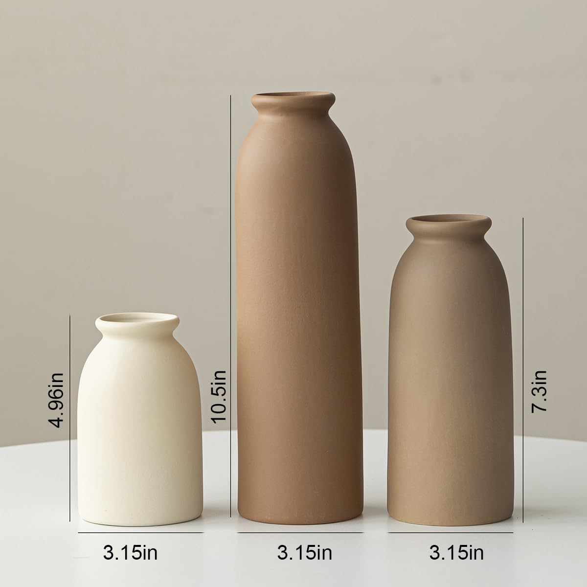 10.4 inches Tall Decorative Ceramic Vase Set, 3 Pieces, Nordic Modern Boho Style, White, Modern Farmhouse for Home Decor (Coffee Mix)