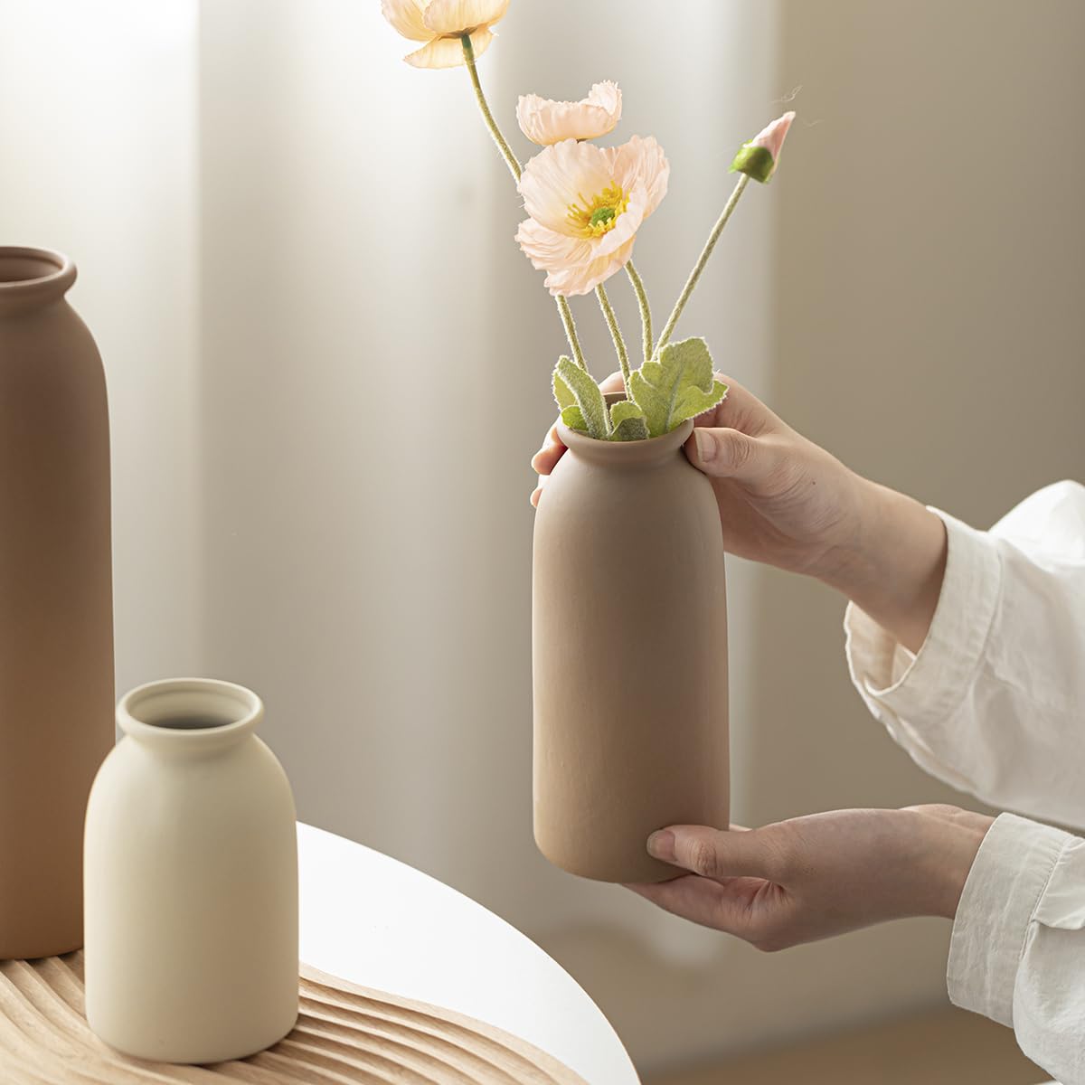 10.4 inches Tall Decorative Ceramic Vase Set, 3 Pieces, Nordic Modern Boho Style, White, Modern Farmhouse for Home Decor (Coffee Mix)