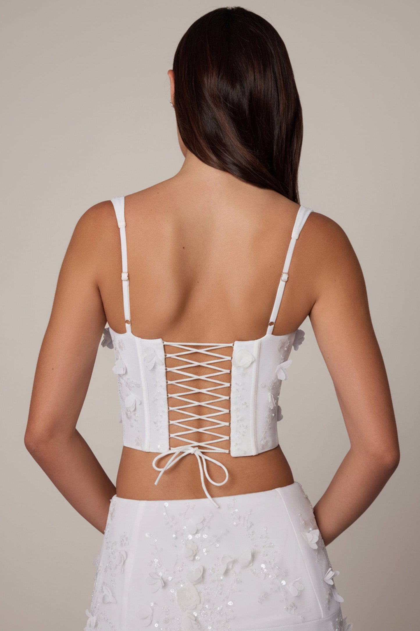 Embellished Lace-Up Corset Top in White