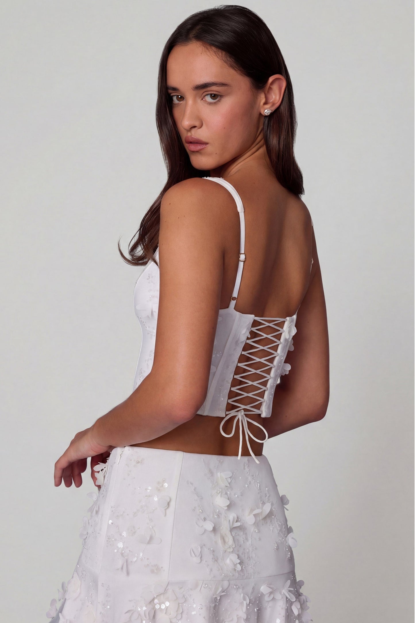 Embellished Lace-Up Corset Top in White