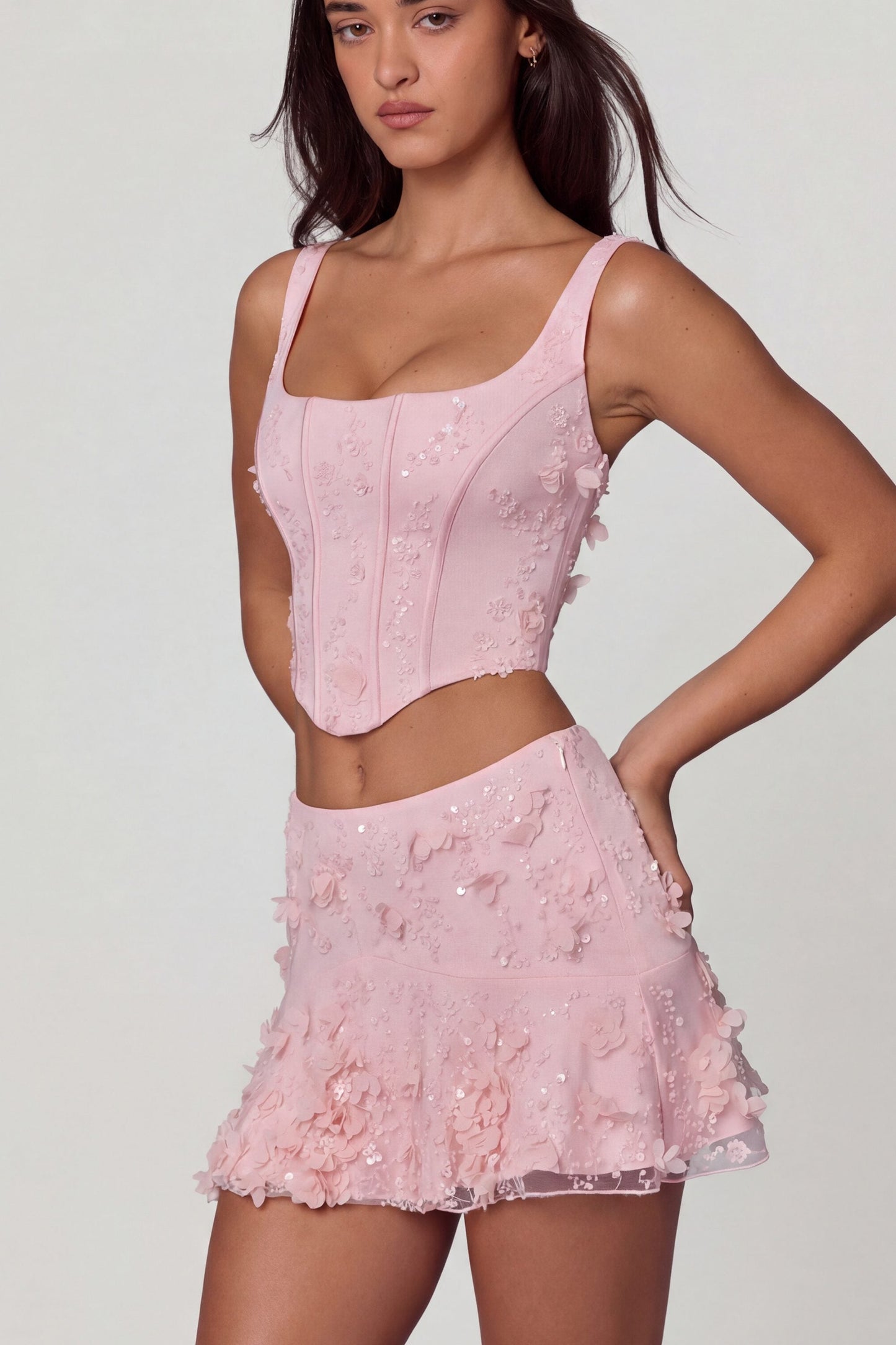 Embellished Mid-Rise A-Line Mini Skirt in Soft Pink