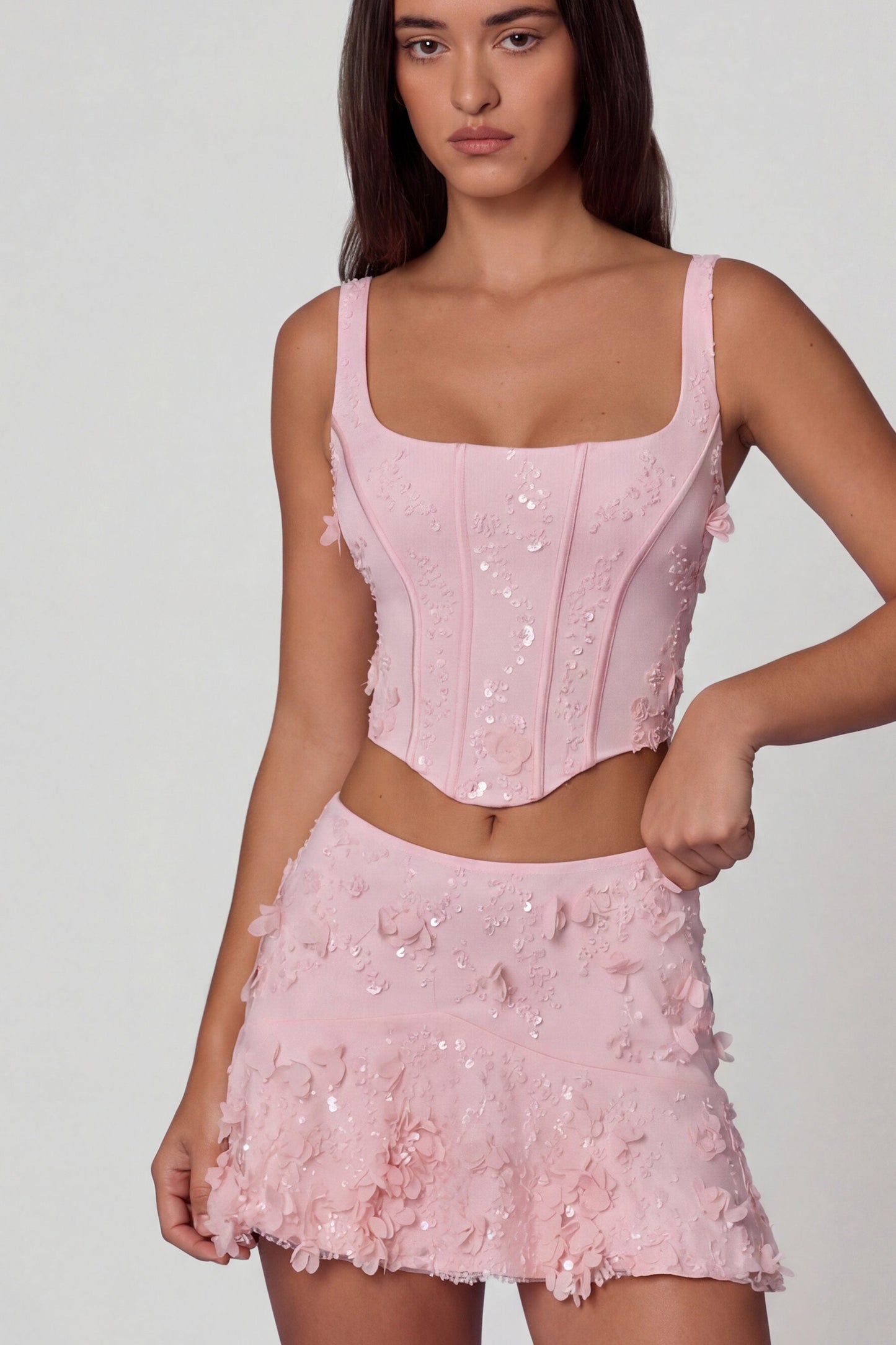 Embellished Mid-Rise A-Line Mini Skirt in Soft Pink