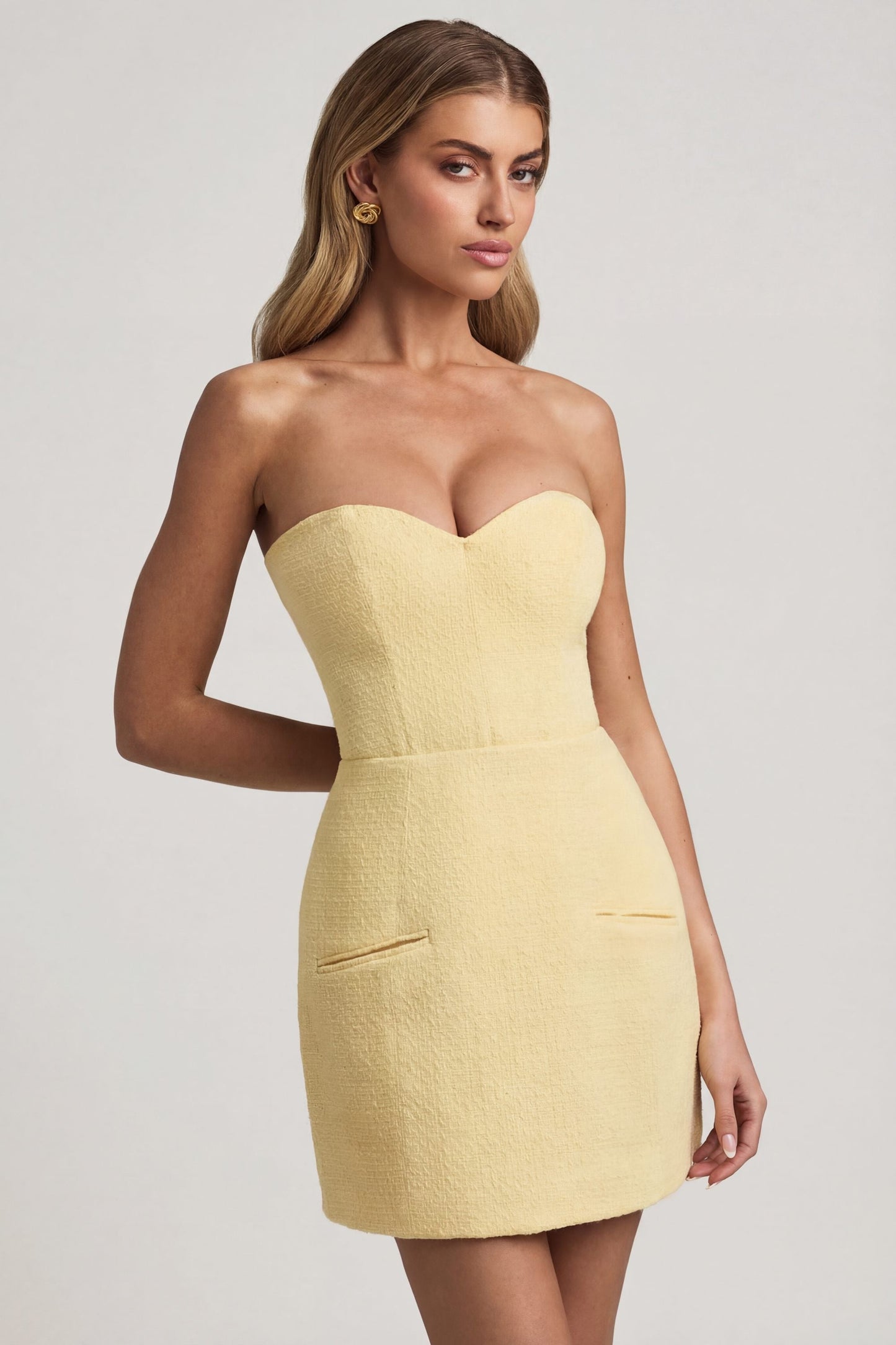 Sweetheart-Neck Strapless Structured Mini Dress in Pastel Yellow