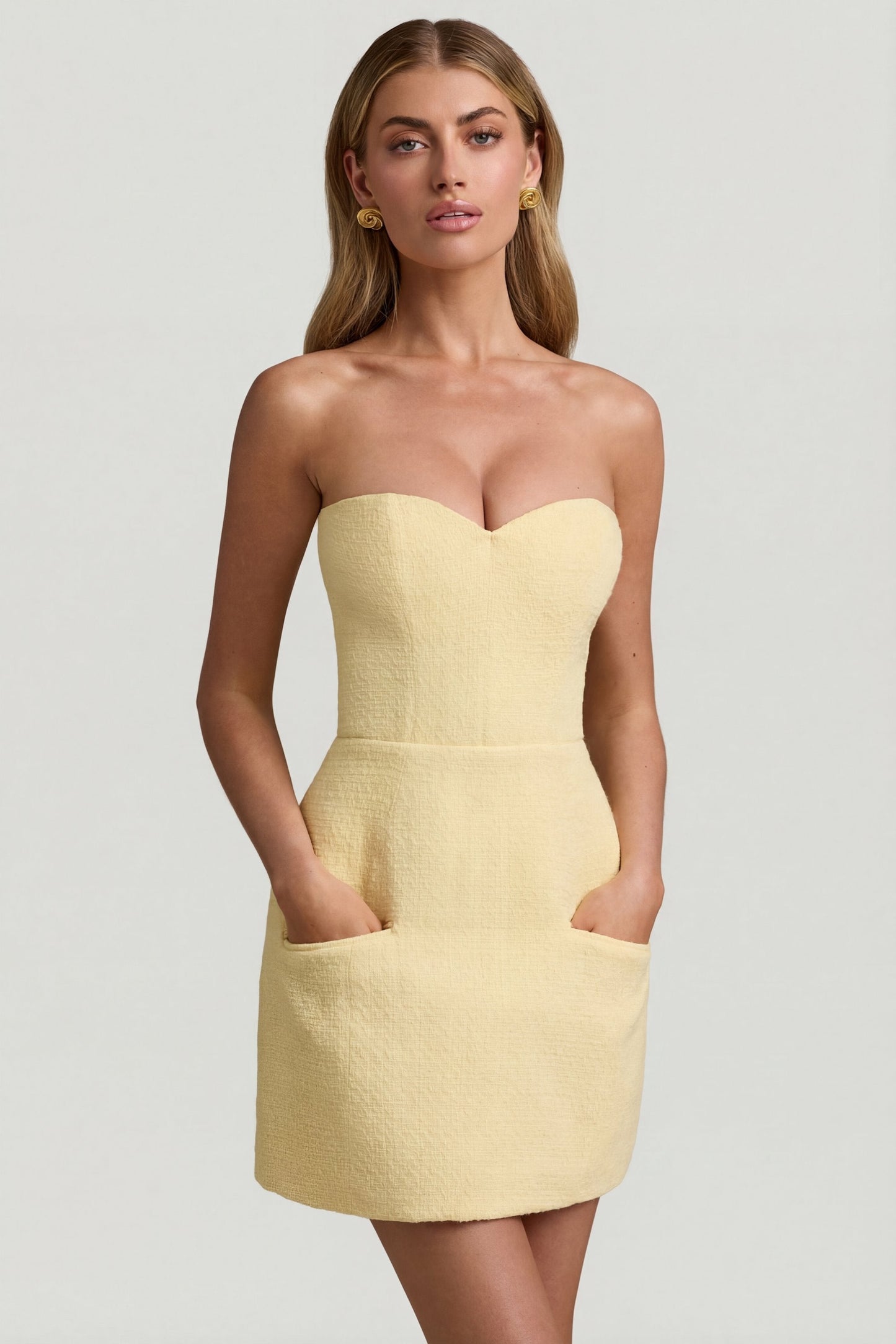 Sweetheart-Neck Strapless Structured Mini Dress in Pastel Yellow