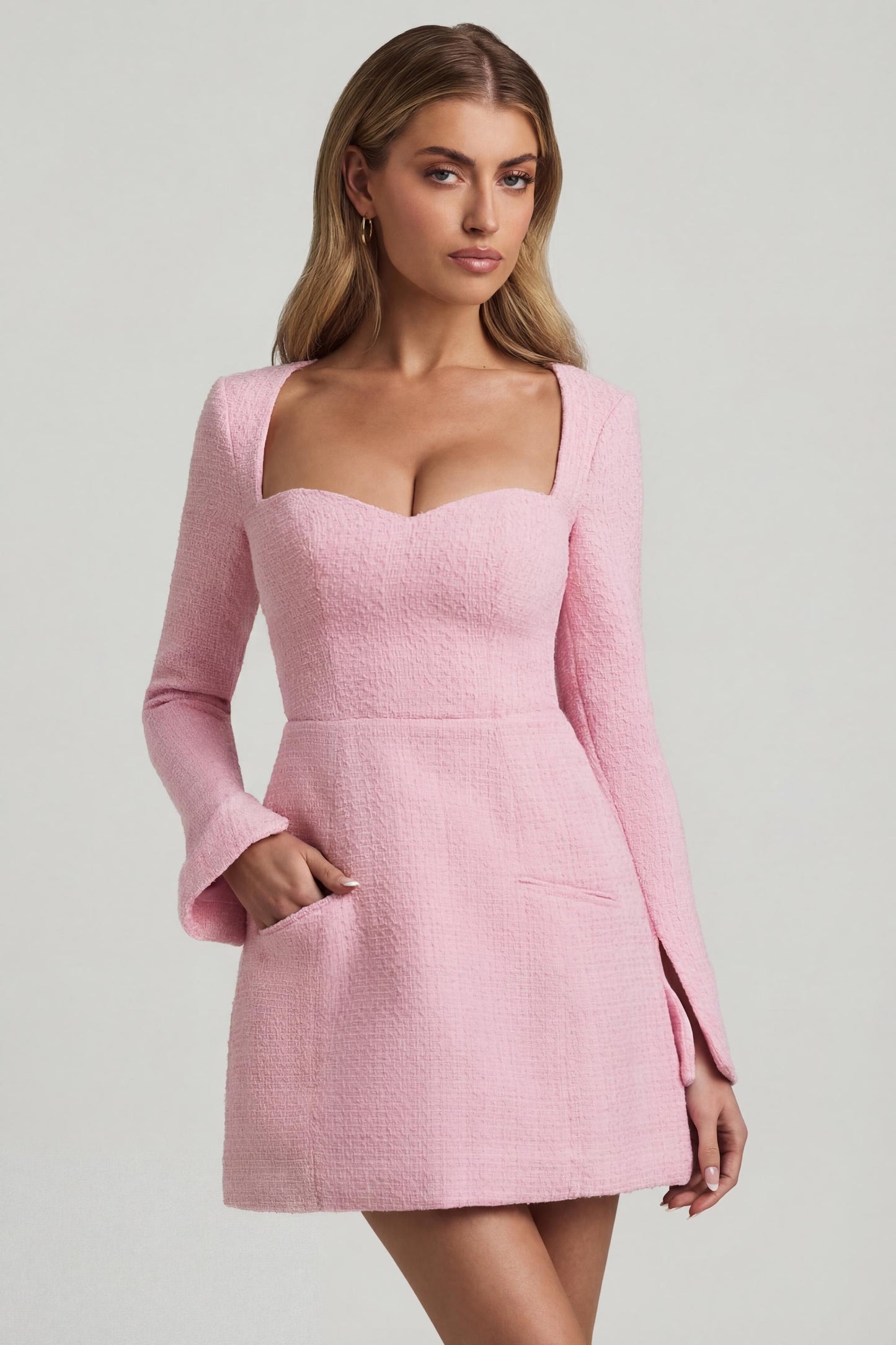 Sweetheart-Neck Structured Mini Dress in Soft Pink