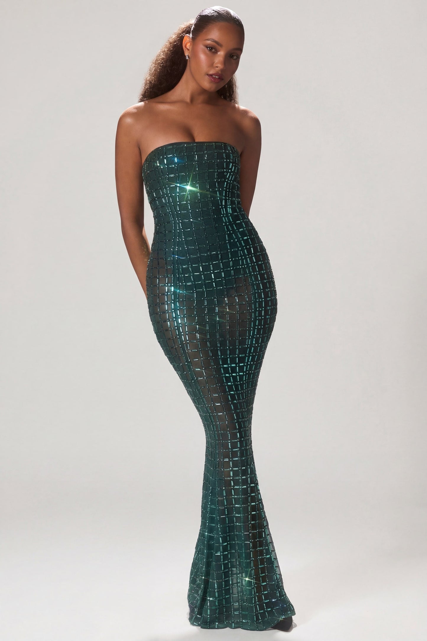 Embellished Strapless Gown in Emerald Green