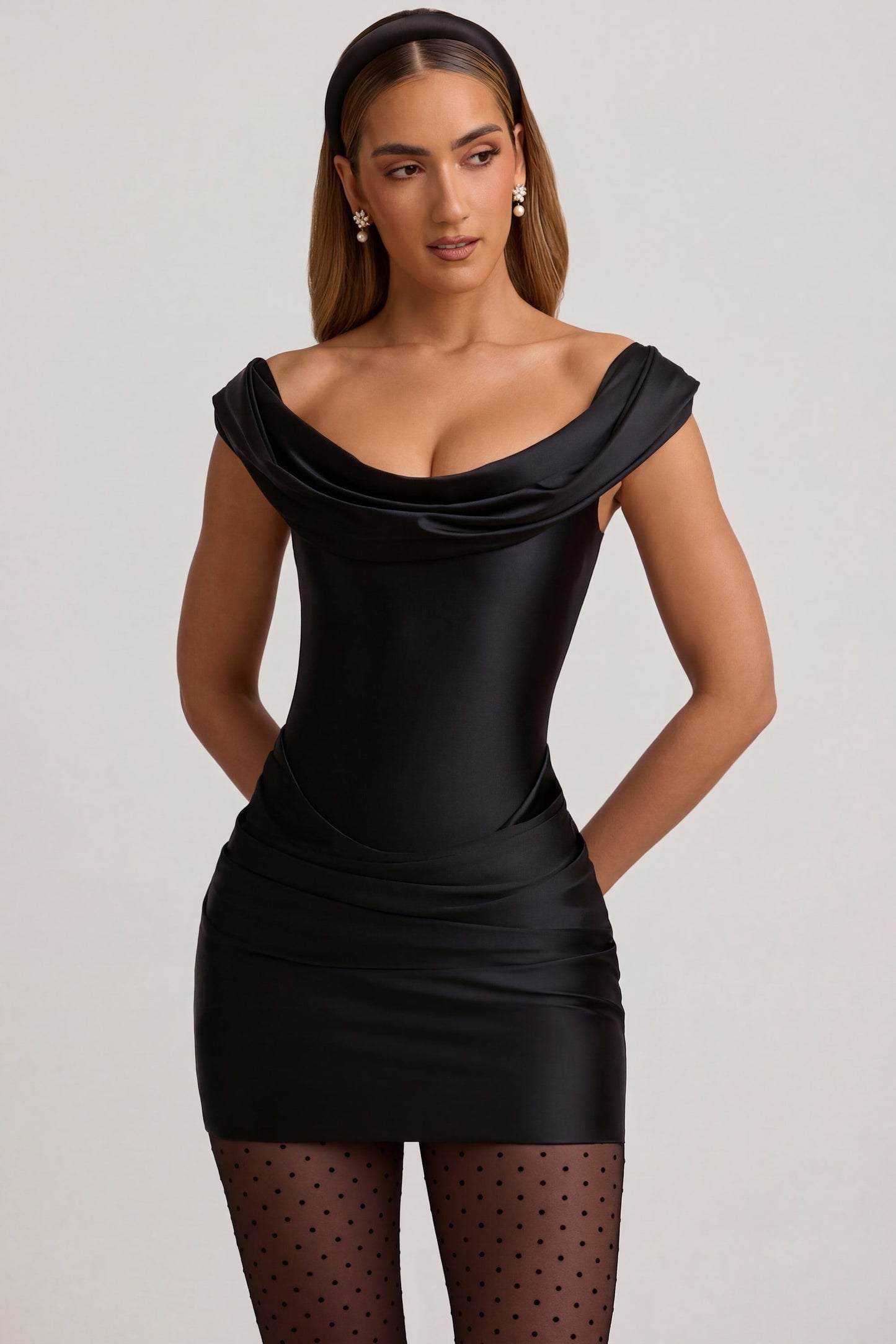 Satin Off-Shoulder Draped Mini Dress in Black