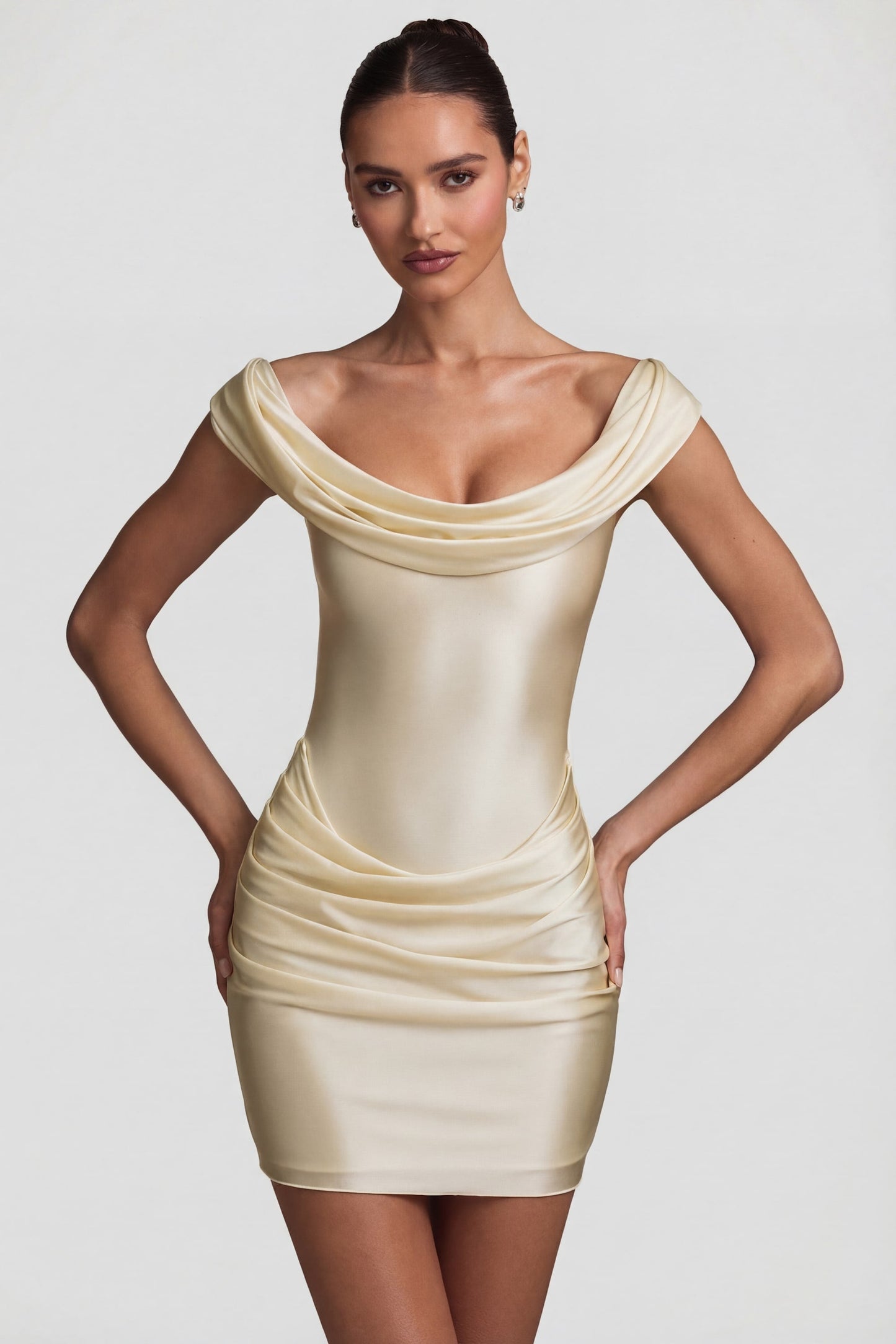 Satin Off-Shoulder Draped Mini Dress in Ivory