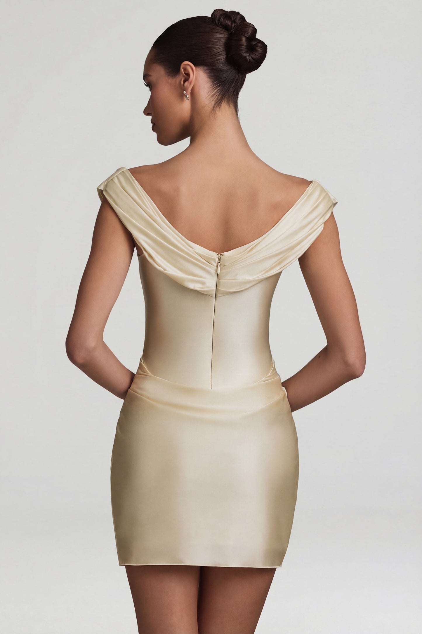 Satin Off-Shoulder Draped Mini Dress in Ivory