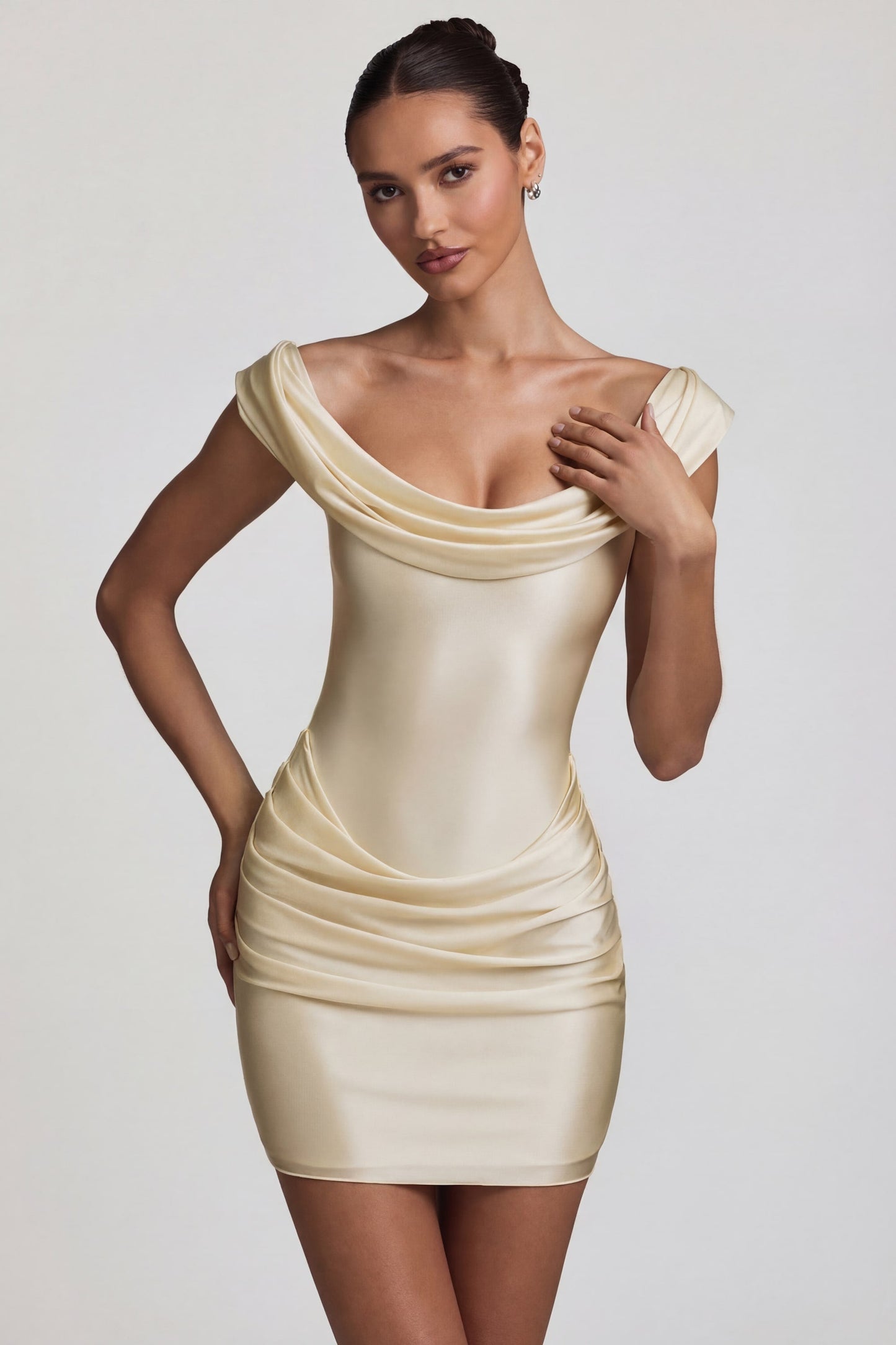 Satin Off-Shoulder Draped Mini Dress in Ivory