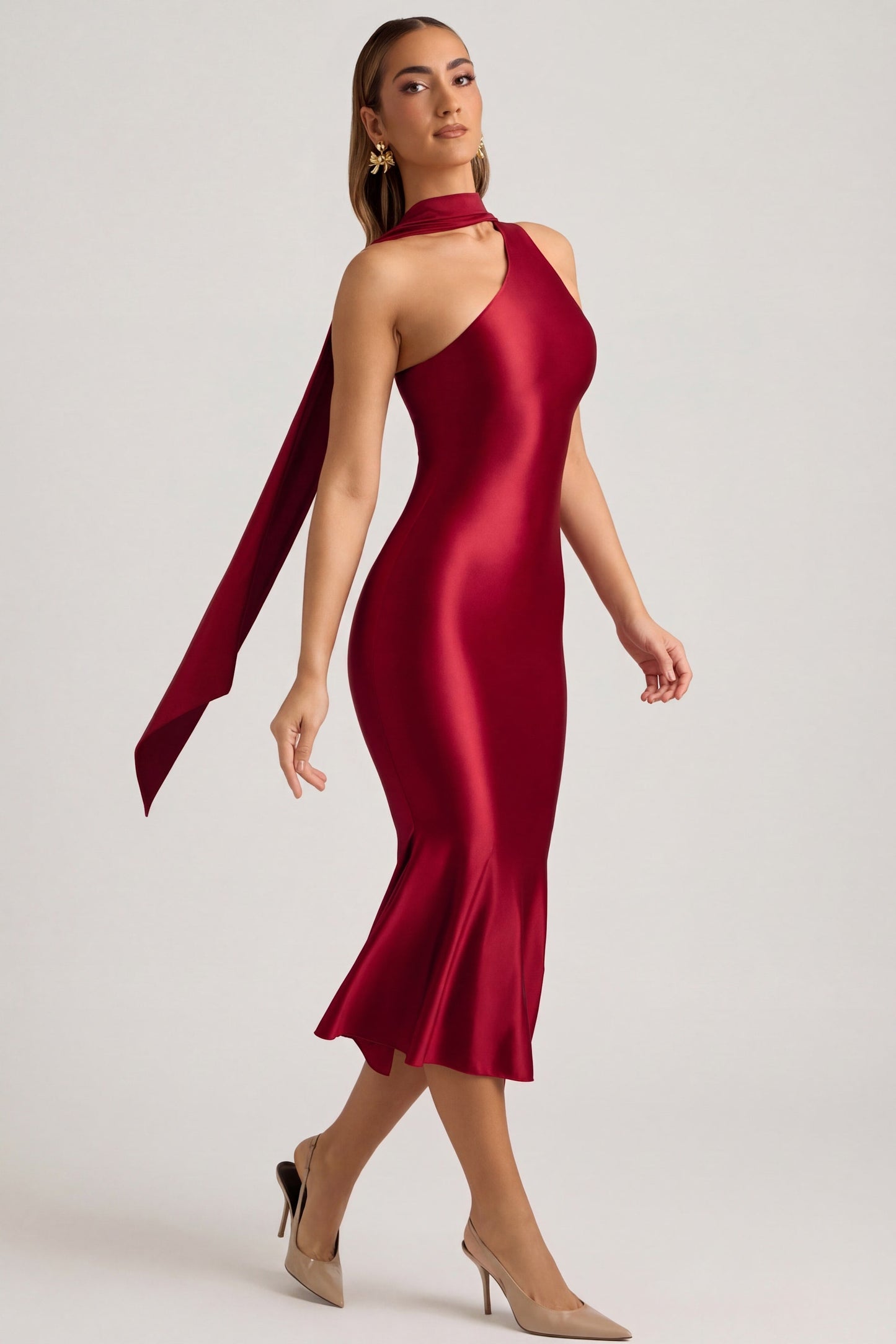 Asymmetric Scarf-Detail Midaxi Dress in True Red