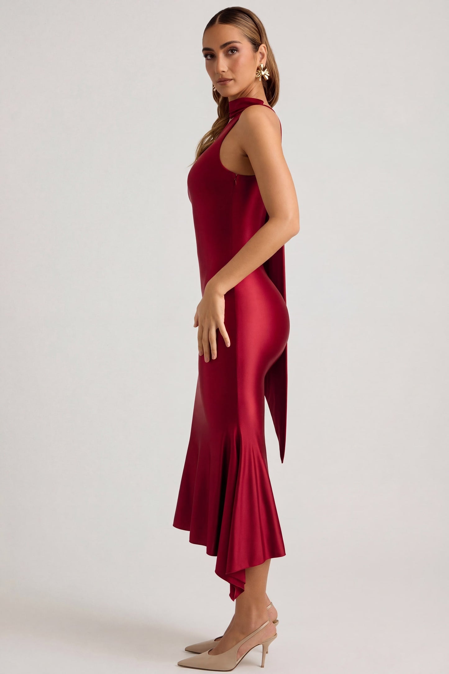Asymmetric Scarf-Detail Midaxi Dress in True Red