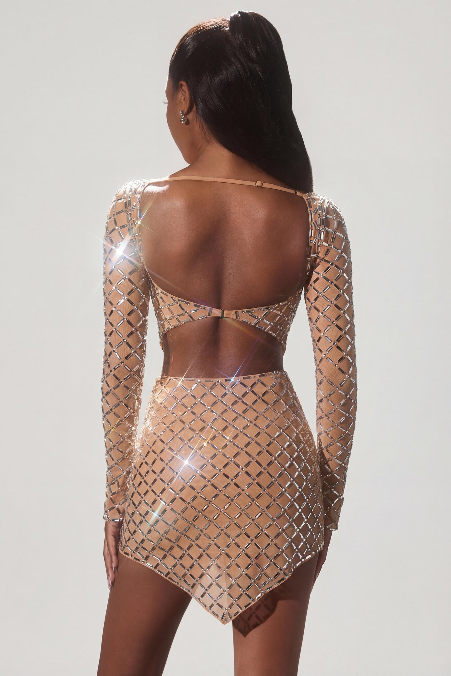 Embellished Asymmetric Mid-Rise Mini Skirt in Almond