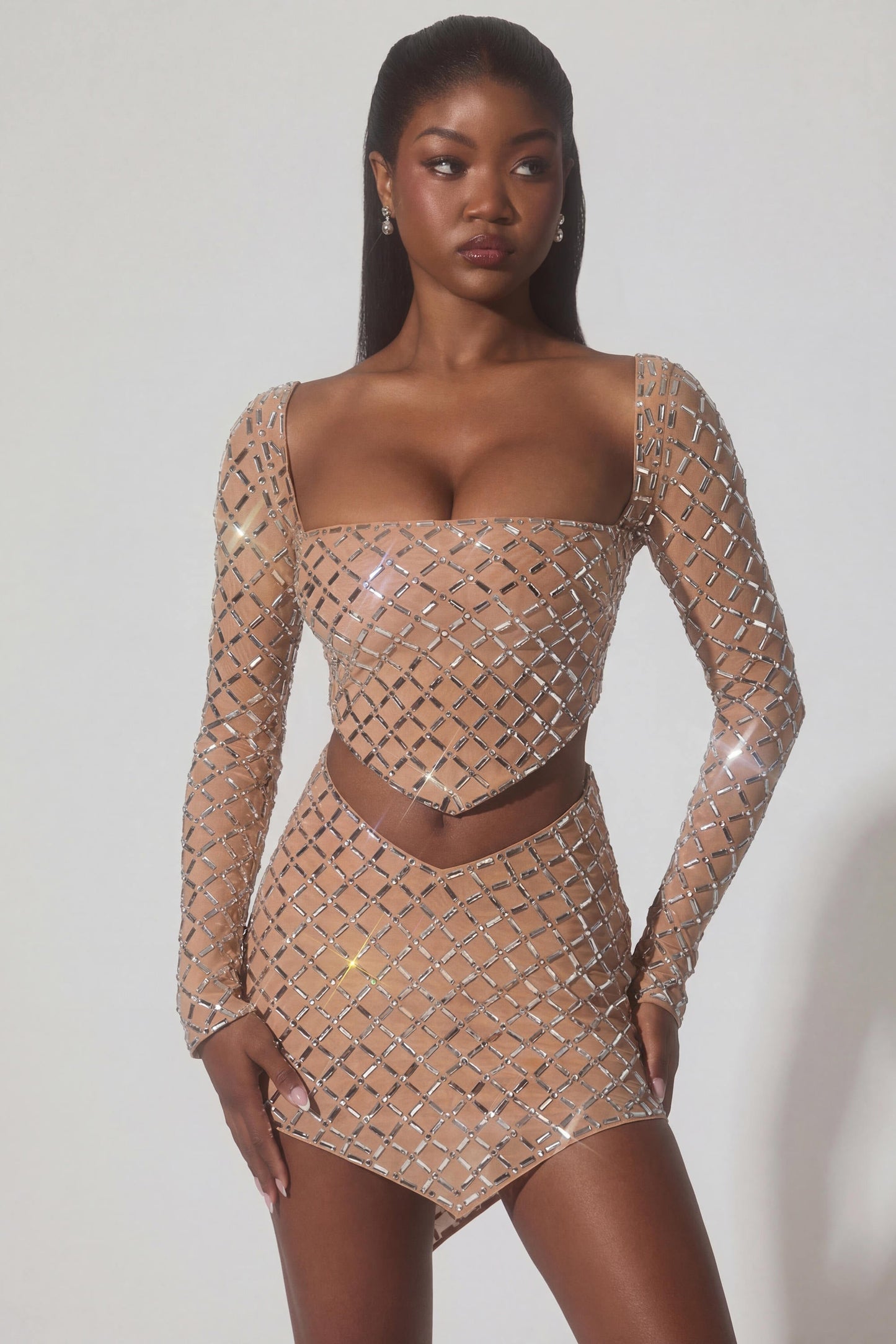 Embellished Asymmetric Mid-Rise Mini Skirt in Almond
