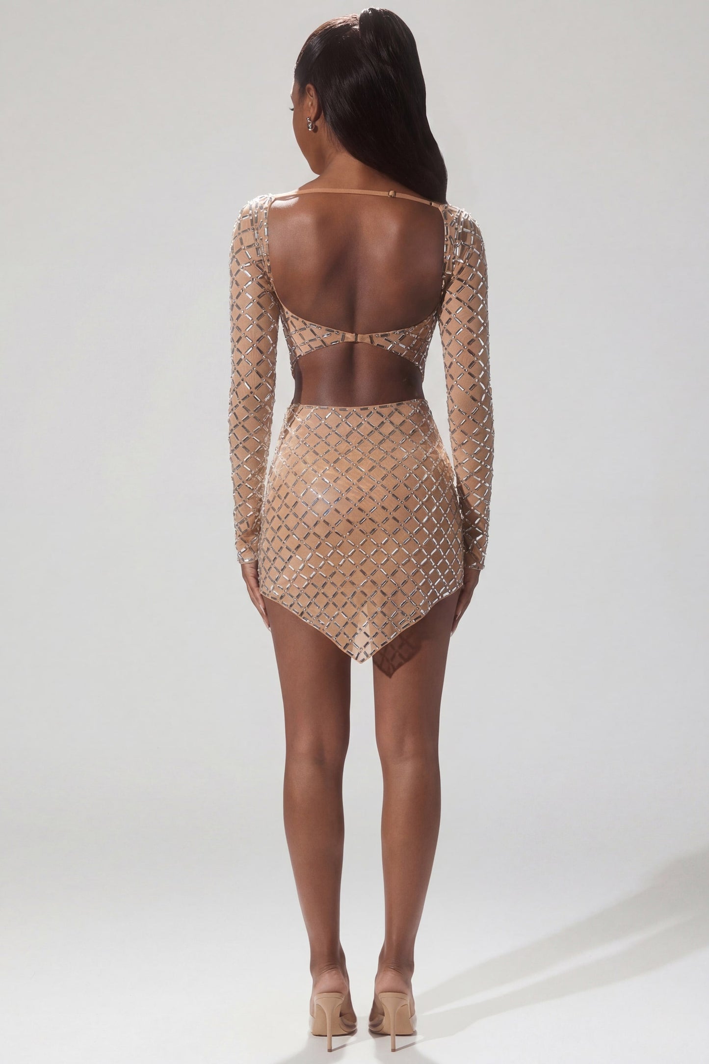 Embellished Asymmetric Crop Top in Almond