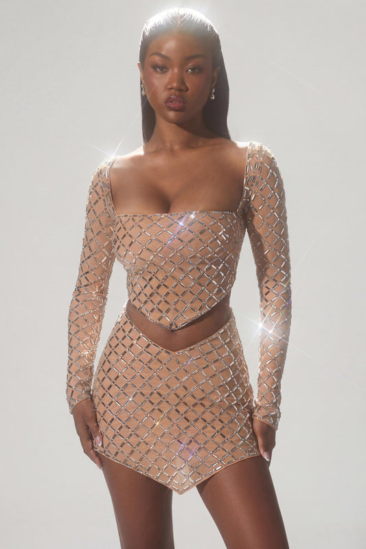 Embellished Asymmetric Crop Top in Almond