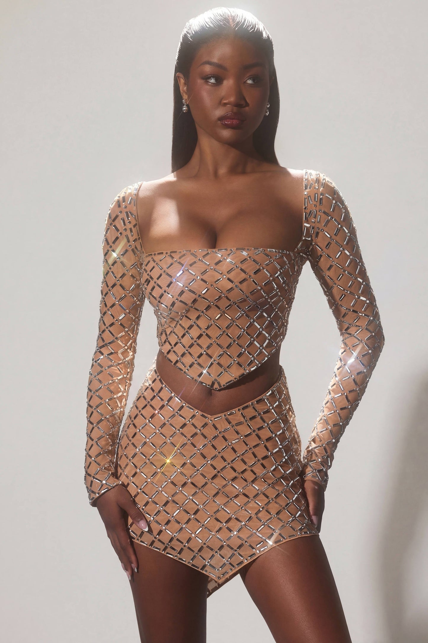 Embellished Asymmetric Crop Top in Almond