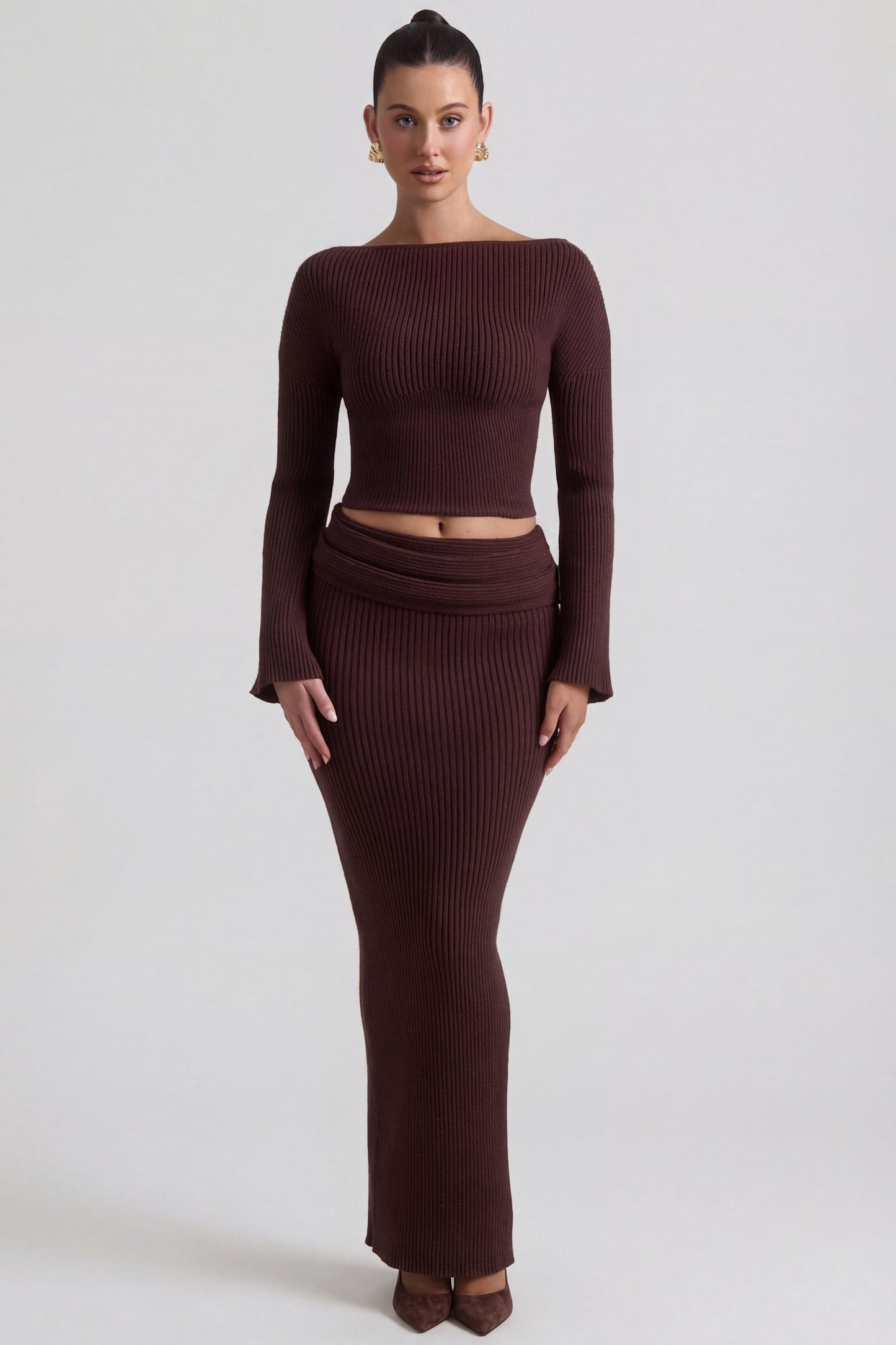 Ribbed-Knit Foldover Maxi Skirt in Espresso